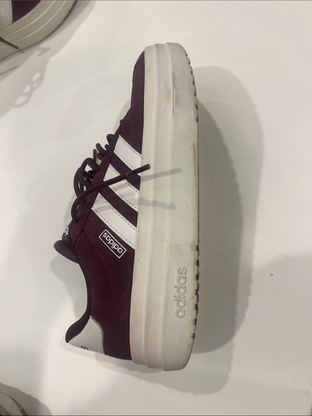 adidas Women’s Burgundy Suede Sneakers with White Stripes - Picture 5 of 5